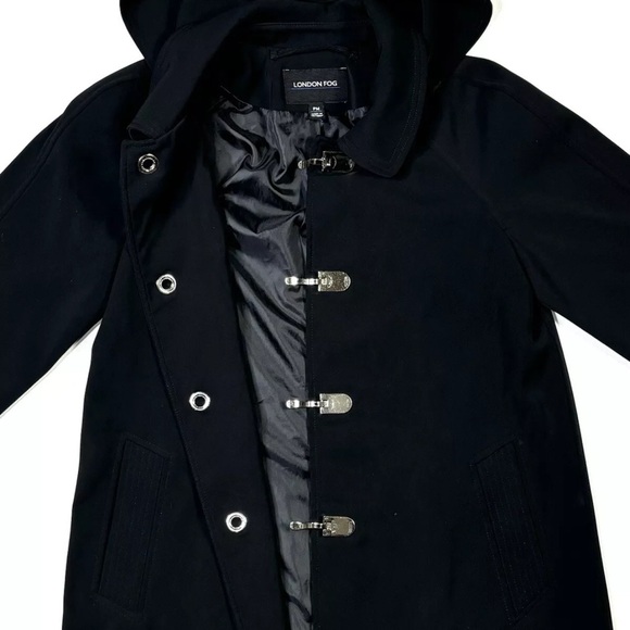 London Fog Trench Coat Women’s PM Black Softshell Metal Buckles Hooded Jacket - Picture 4 of 14